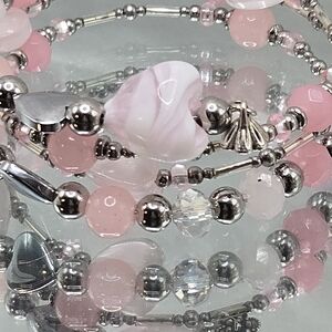 Elegant Pink Murano Glass Heart Beaded Bracelet